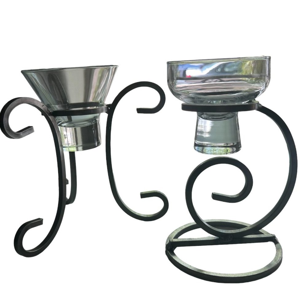 2 Contempory Modern Metal and Glass Candle Holders